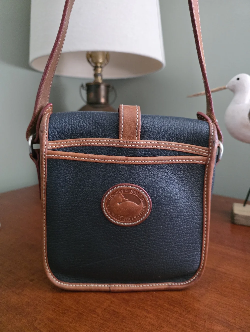 Dooney & Bourke Vintage Mini Flap Crossbody Navy Tan AWL Leather Bag